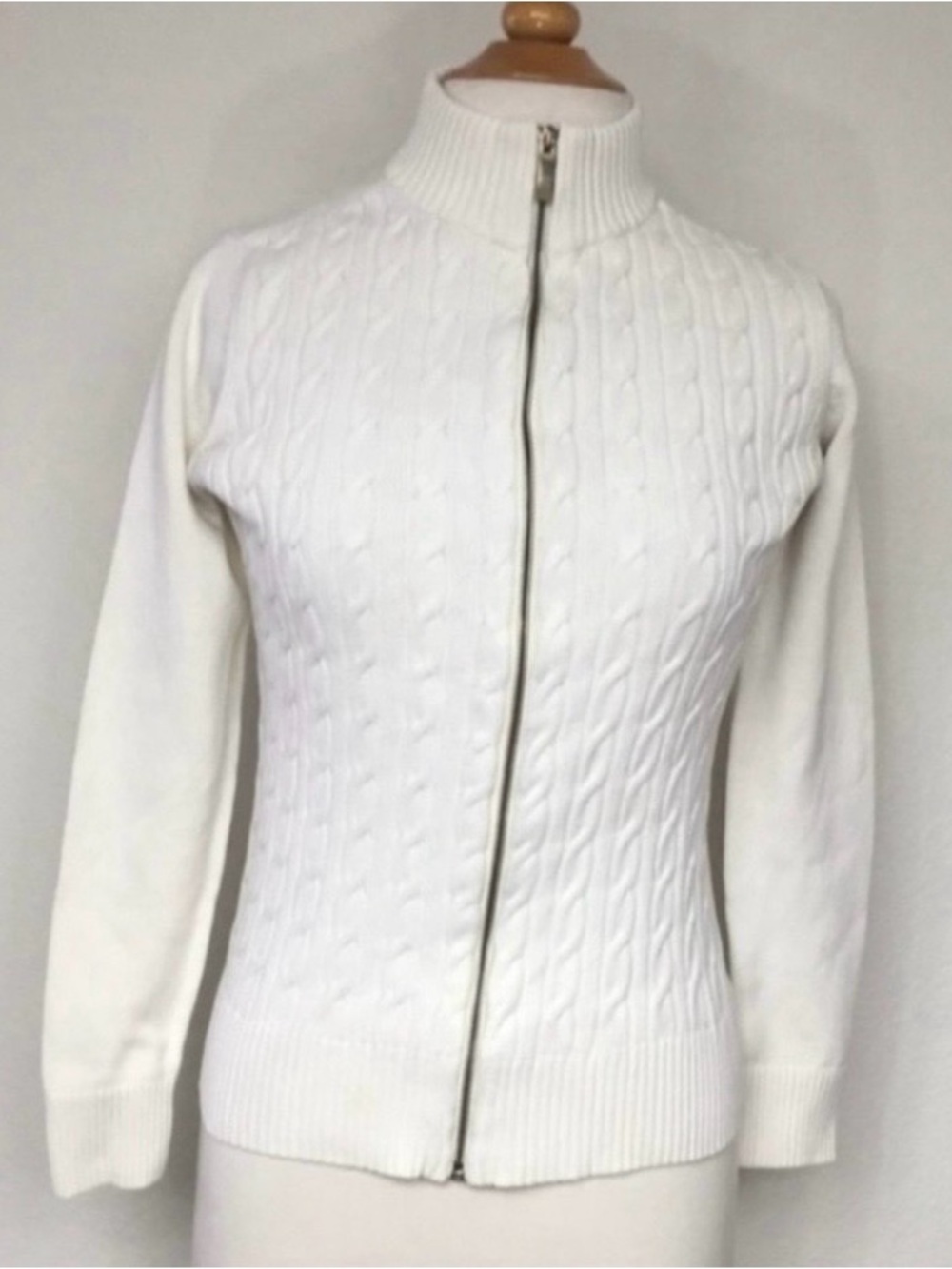 3/$25 Charter Club Women's Off White Cotton Nylon Cable Knit Zip Sweater Size M